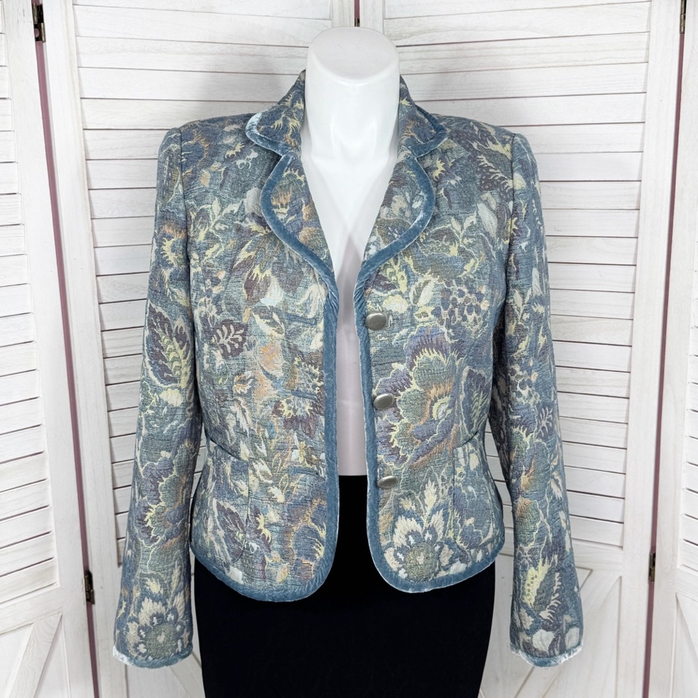 Vintage Talbots Blazer Women XL Blue Floral Brocade Velvet Trim Jacket Boho